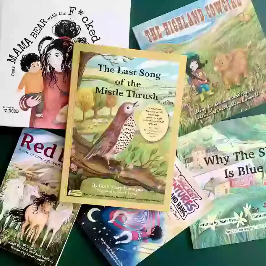 A photo of all of the 6 books I have illustrated , illustrated by Sarah Lovell . Chapter books and picture books, featuring animals and people . 
